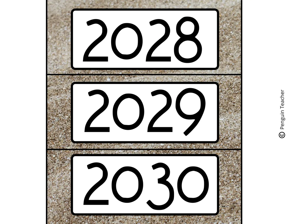 Sand-themed year strips showing 2028, 2029 and 2030 for the calendar header, printed in bold black digits