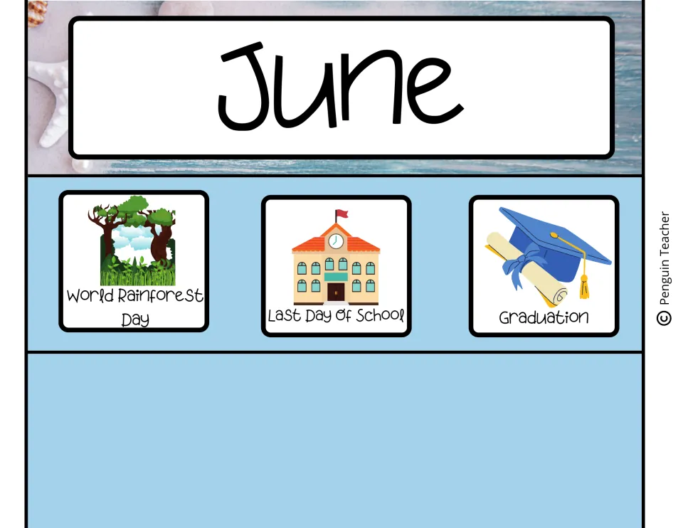 June month header on a beach photo, plus event cards for World Rainforest Day, Last Day of School and Graduation