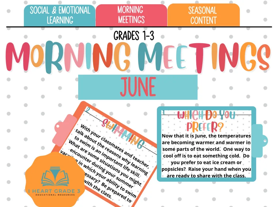 Cover of June Morning Meetings for grades 1–3, featuring social-emotional learning and seasonal content