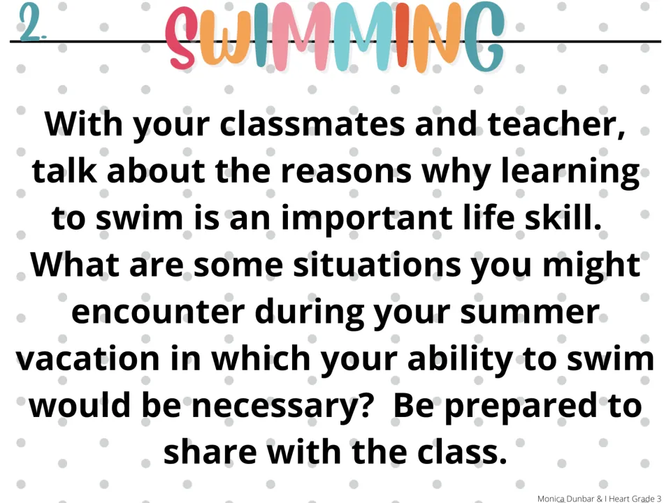 Morning-meeting prompt 2, Swimming, asks why swimming is an important life skill and when it is needed