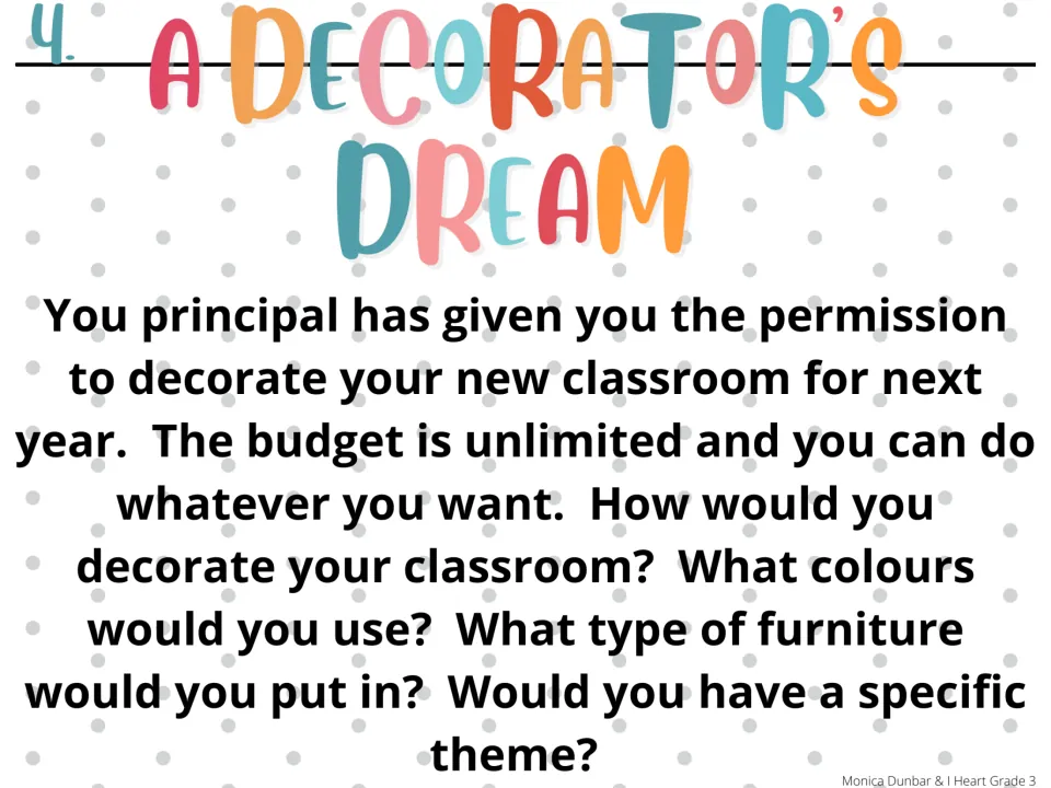 Morning-meeting prompt 4, A Decorator’s Dream, asks how students would decorate a classroom with no budget limit