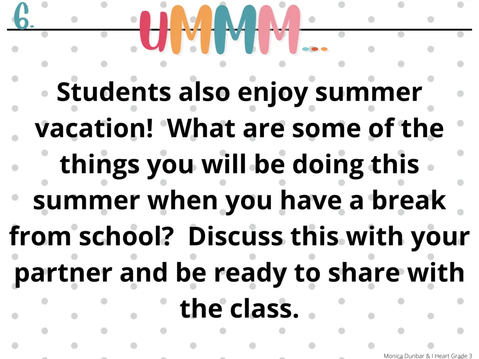 Morning-meeting prompt 6, Ummm..., asks students to discuss summer plans with a partner before sharing