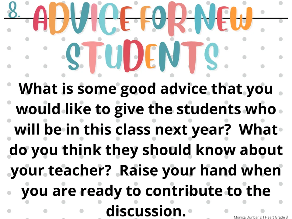 Morning-meeting prompt 8, Advice for New Students, asks what next year’s class should know about their teacher