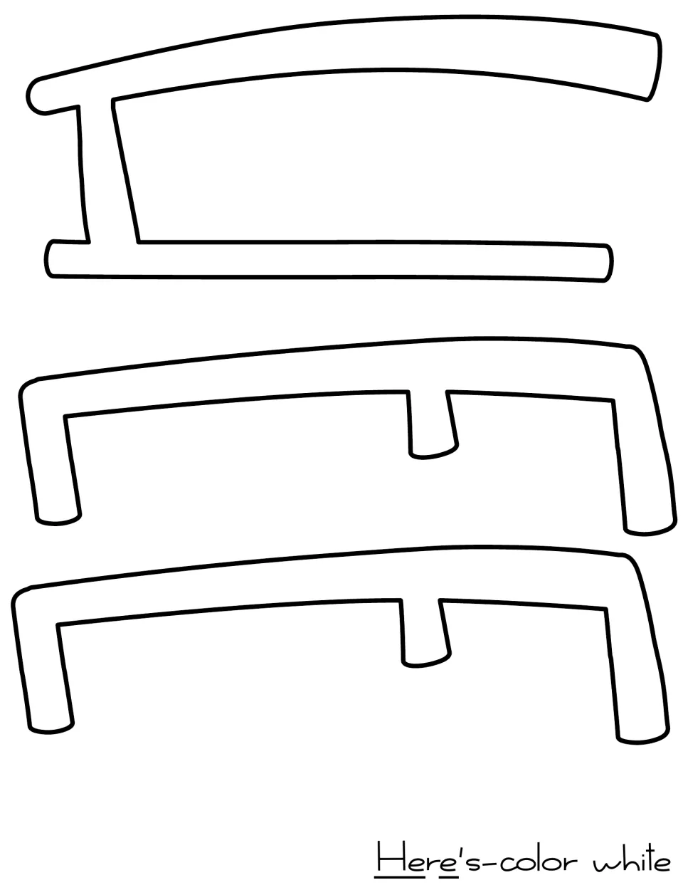 Letter cut-out pieces for the word 'Here's': outline of a sideways H and two sideways E letters, labeled color white