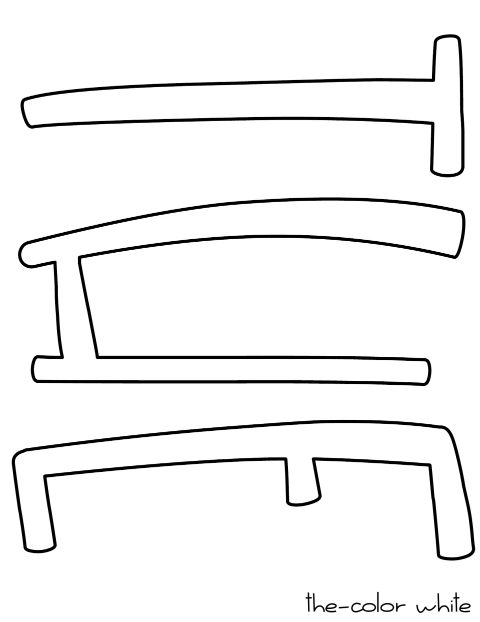 Letter cut-out pieces spelling 'the': sideways outlines of the letters T, H and E to trace or cut, labeled color white