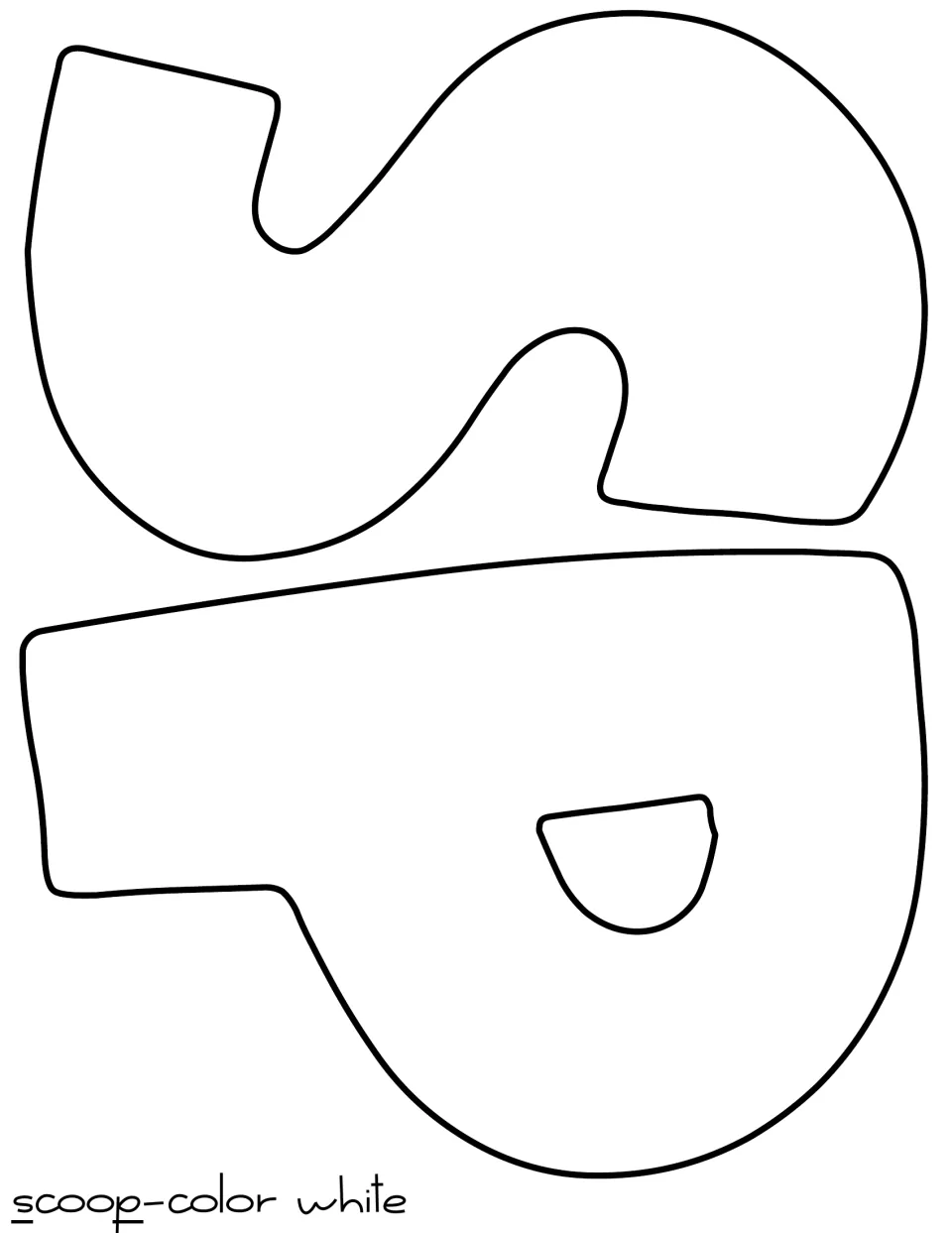 Letter cut-out pieces for 'scoop': large bubble-letter outlines of a sideways S and P, labeled color white