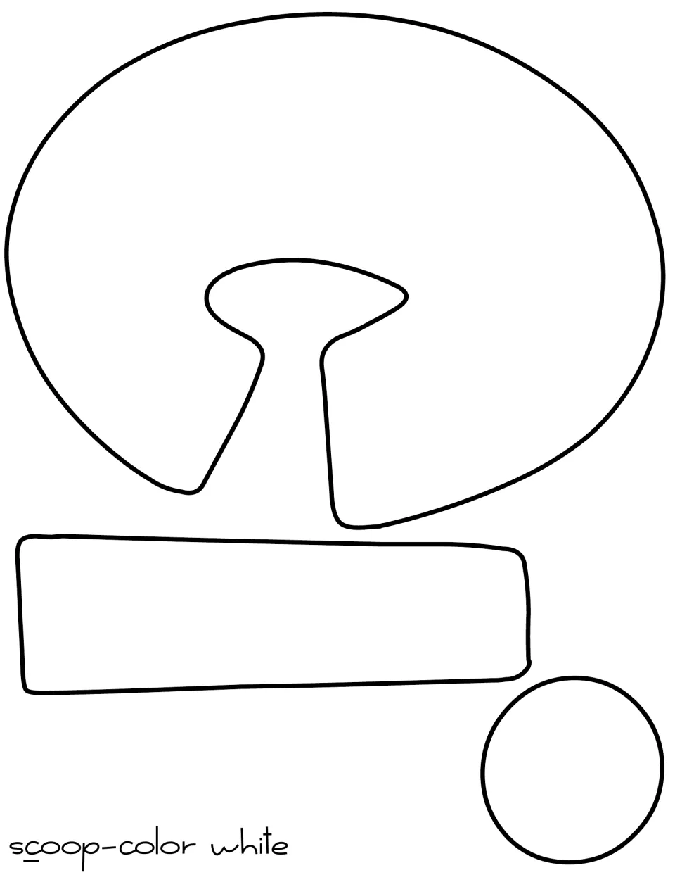 Letter cut-out pieces: a sideways bubble-letter C for 'scoop' plus an exclamation mark bar and dot, labeled color white