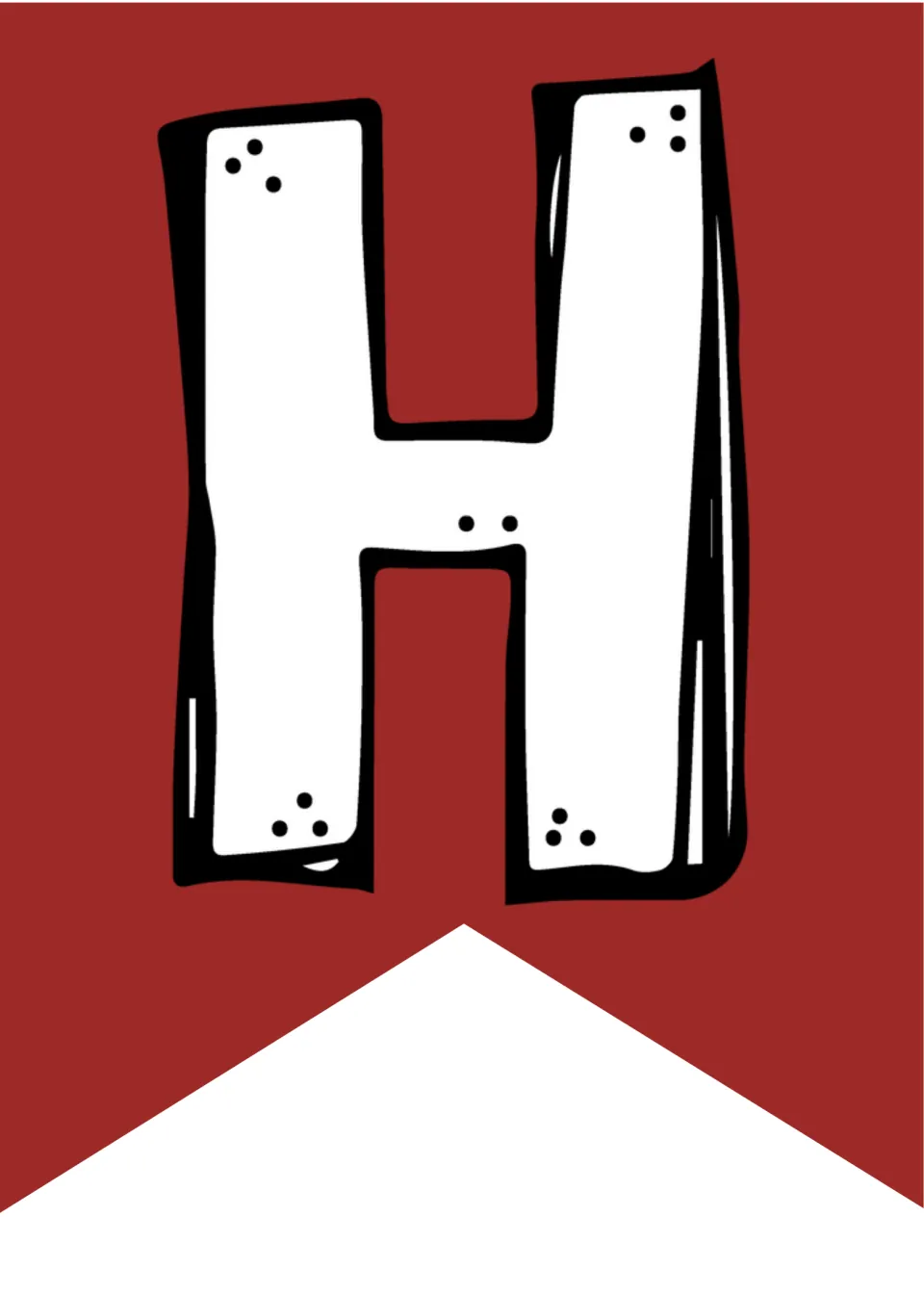 Juneteenth pennant letter H in white doodle font on red, the first flag of the HAPPY greeting for a hallway display