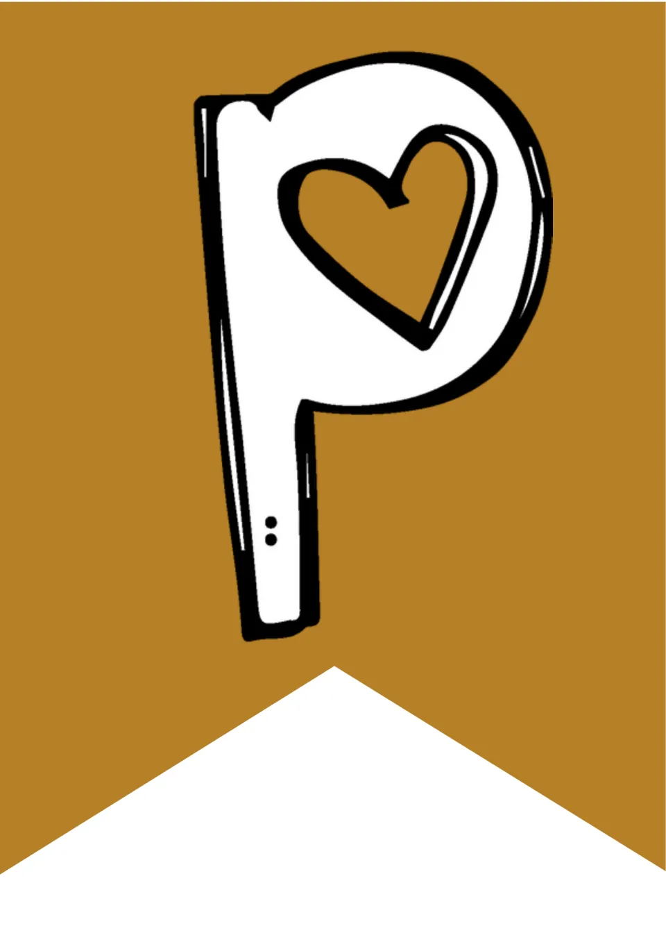 Lowercase p on a mustard gold pennant flag with a heart inside the loop, the third letter in the Happy greeting