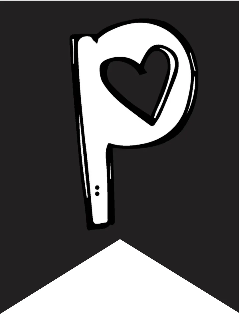 Second lowercase p, this one on a black flag with a heart in its loop, continuing the Happy portion of the banner