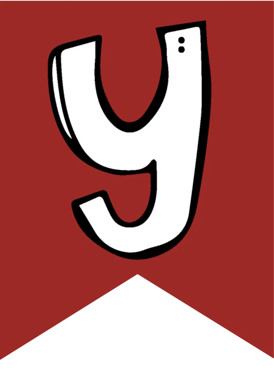 Lowercase y in white on a red pennant, the fifth flag that completes the word Happy before the holiday name begins