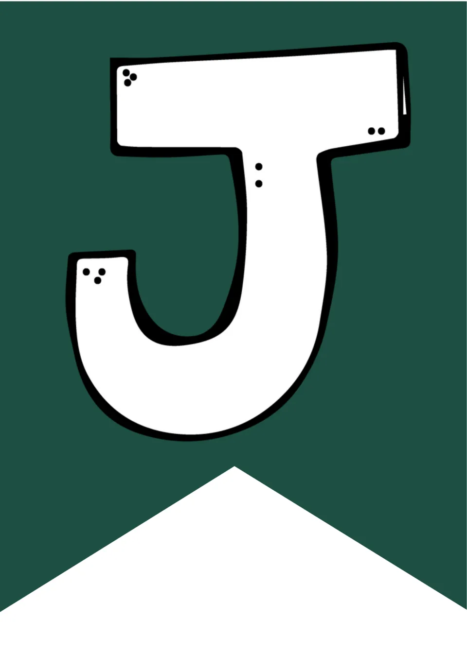 Capital J on a dark green pennant flag, the opening letter of Juneteenth in the red, green, gold and black set