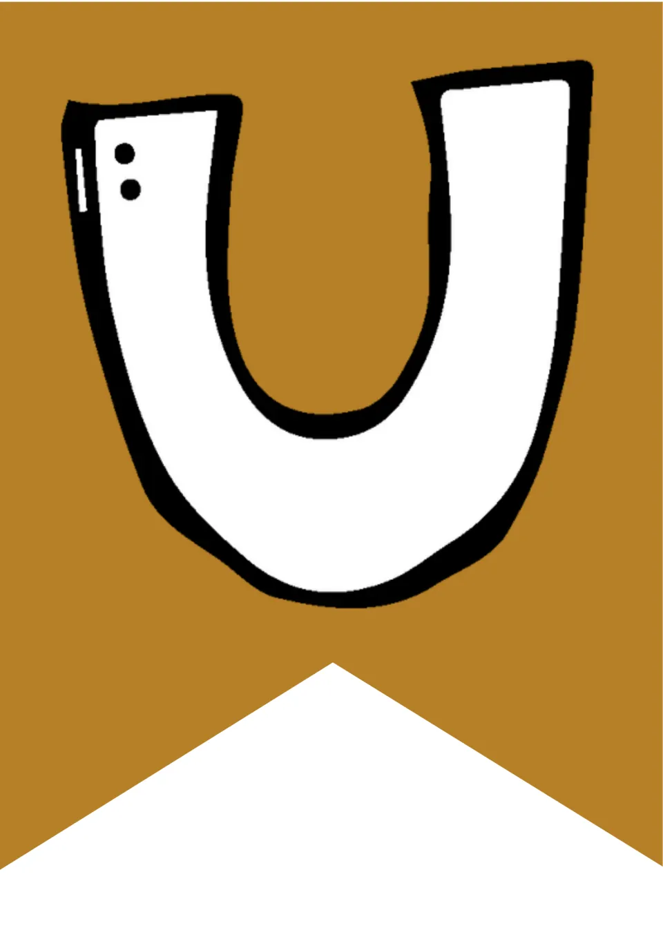 Lowercase u in white outlined lettering on a gold pennant, the second letter of the word Juneteenth for the banner