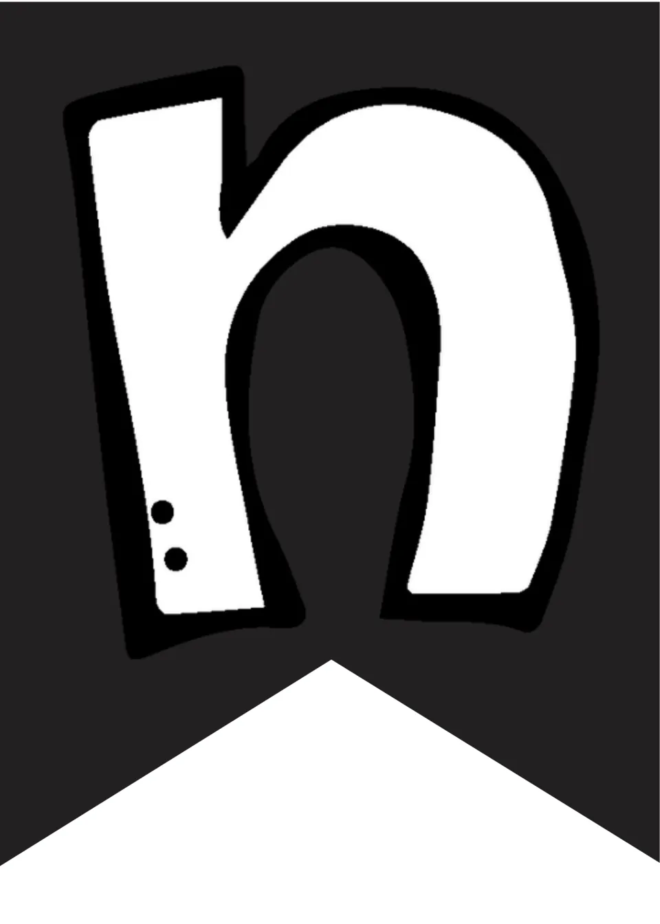 Lowercase n on a black pennant flag, printed large in white doodle lettering as the third letter of Juneteenth