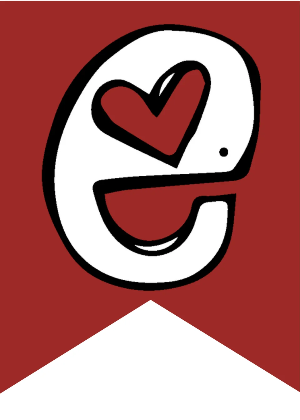Lowercase e with a red heart shape in its upper loop on a red pennant, the fourth flag in the word Juneteenth