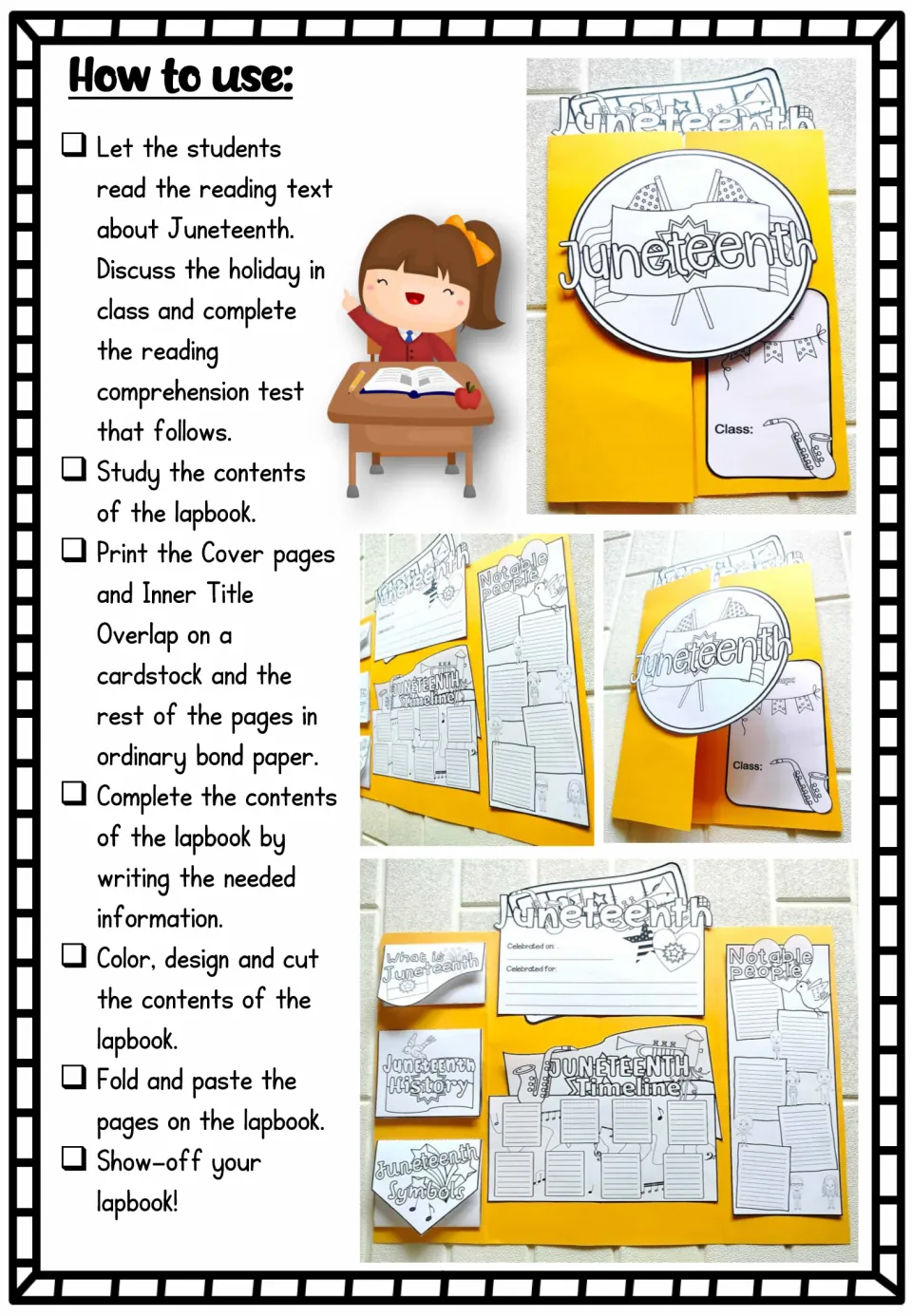 How to use: read the Juneteenth text, answer questions, print, color, cut and paste, plus photos of a finished lapbook