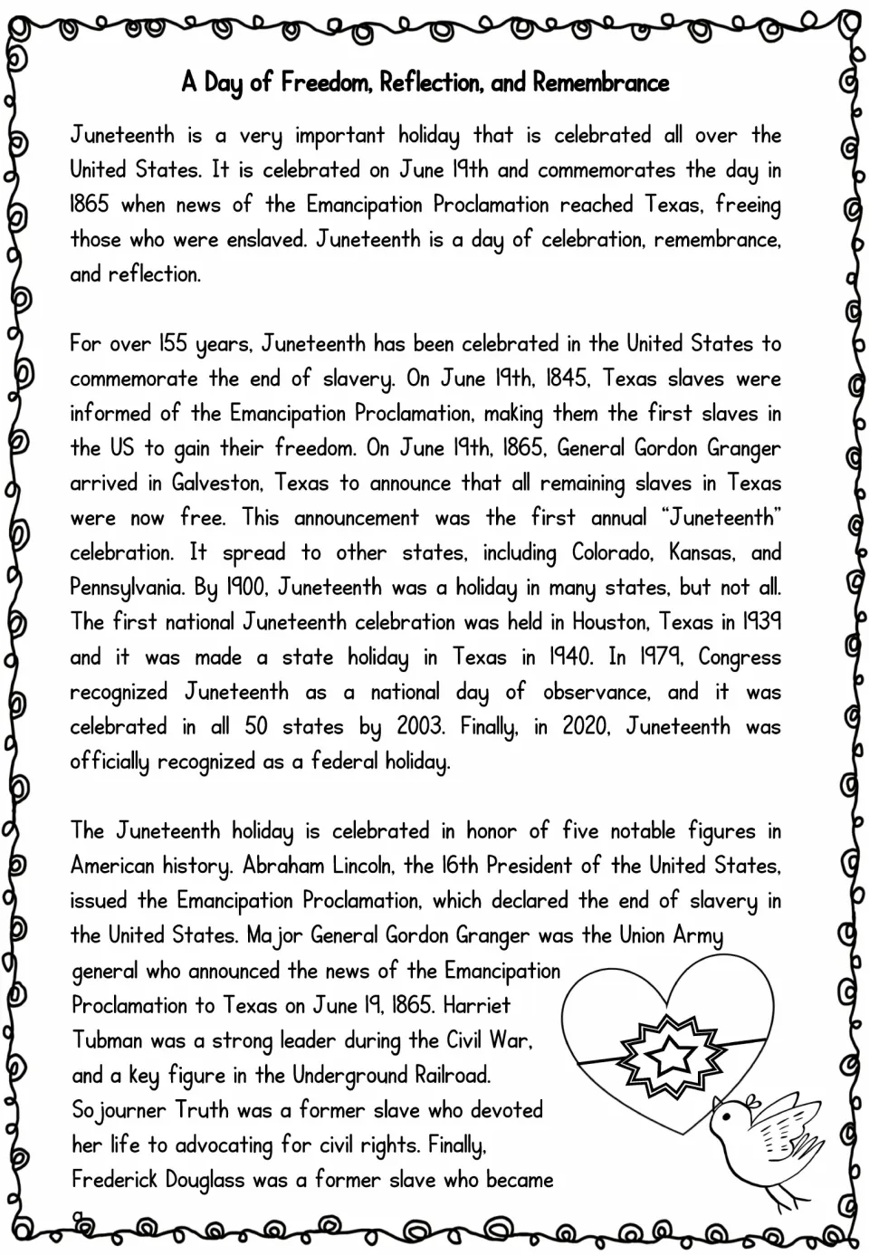 Reading text A Day of Freedom, Reflection, and Remembrance on Juneteenth history from 1865 to 2020 and notable figures