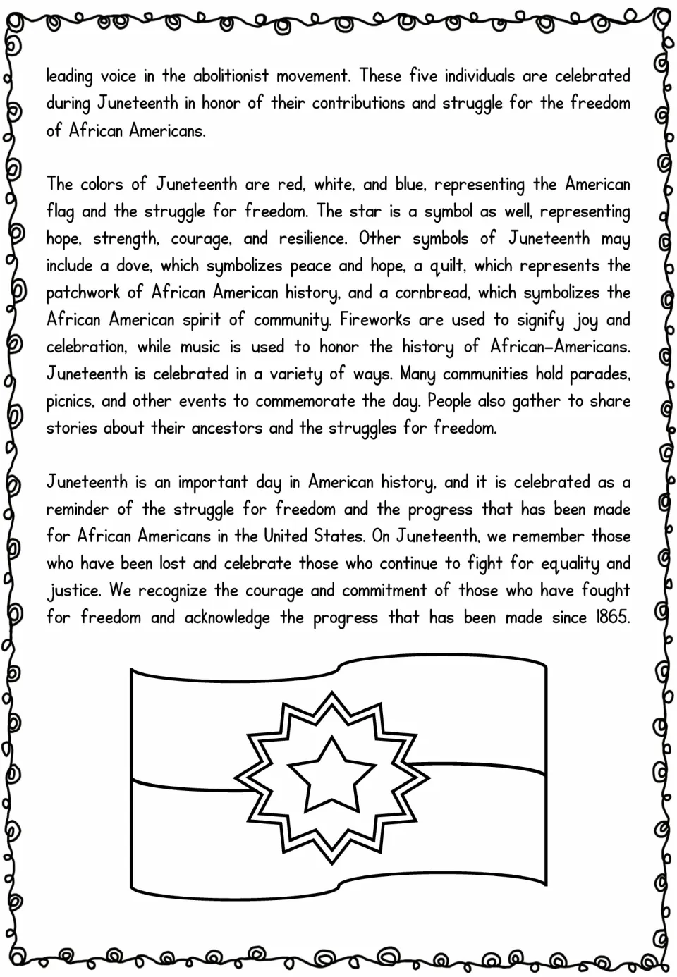 Juneteenth reading continued: symbols like the star, dove, quilt and cornbread, how it is celebrated, and a flag to color