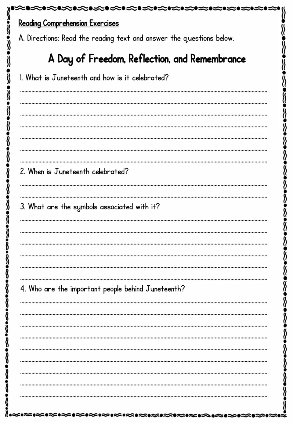 Reading comprehension: students write answers on what Juneteenth is, when it is celebrated, its symbols and key people