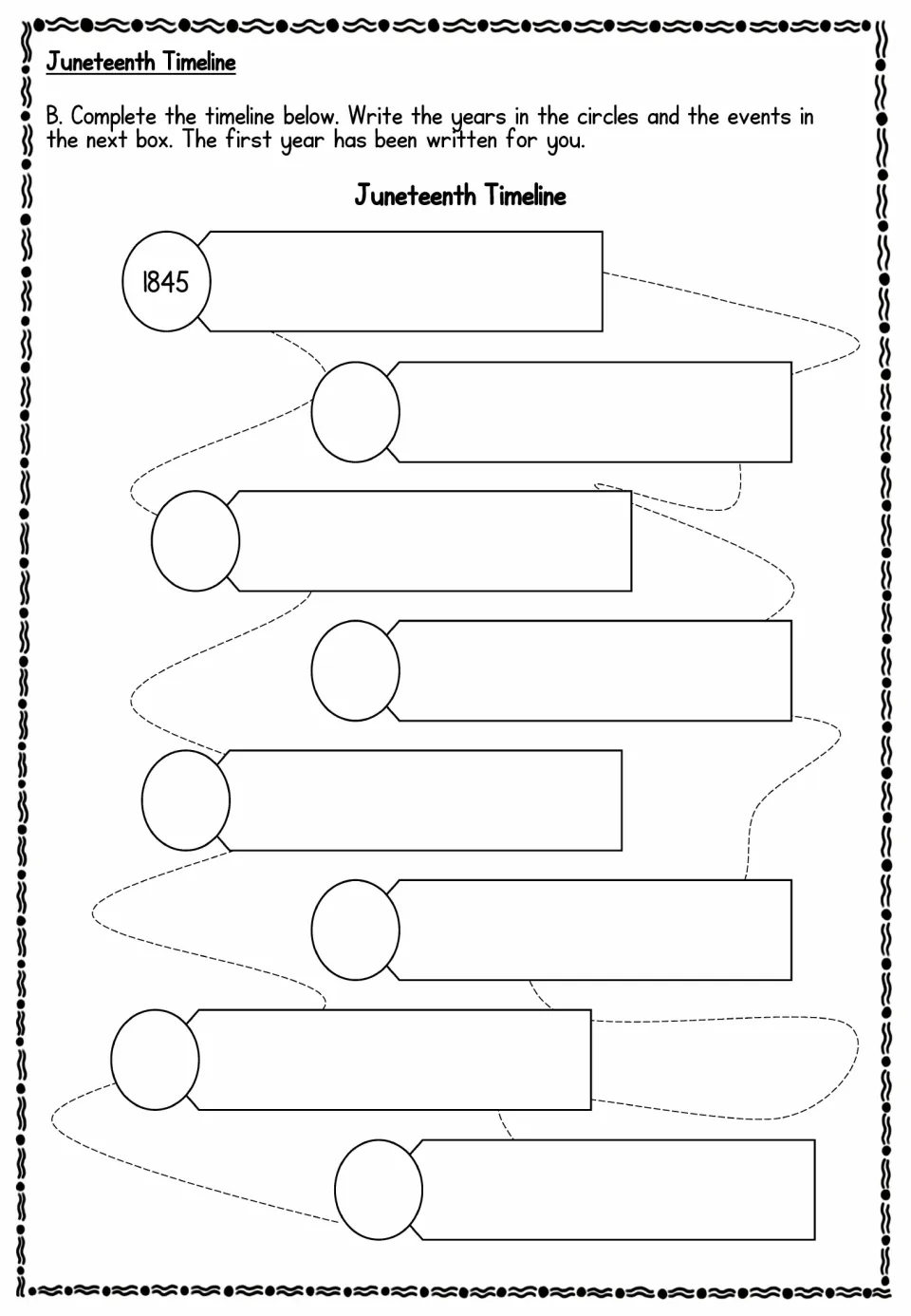 Juneteenth Timeline: students sequence events by writing years in circles and events beside them, starting from 1845