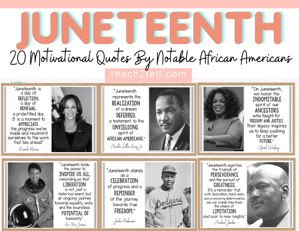 Juneteenth cover: 20 motivational quotes by notable African Americans, shown as sample quote posters with portraits
