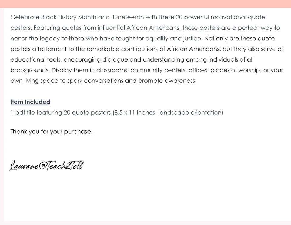 Resource description: 20 quote posters from influential African Americans, sized 8.5 x 11 inches in landscape