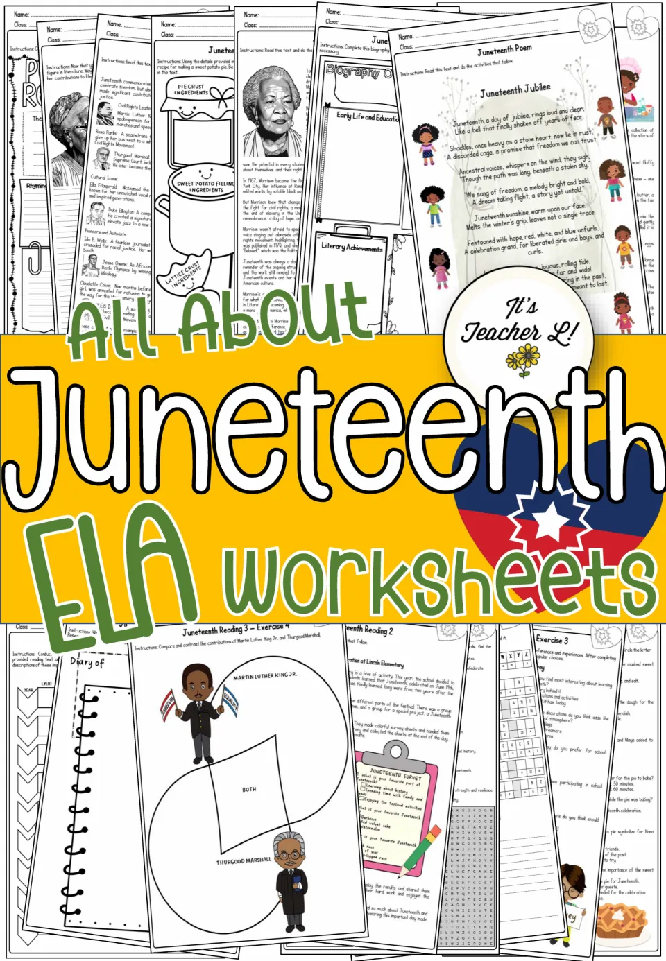 All About Juneteenth ELA Worksheets cover showing sample pages: vocabulary, poem, readings, surveys and word search