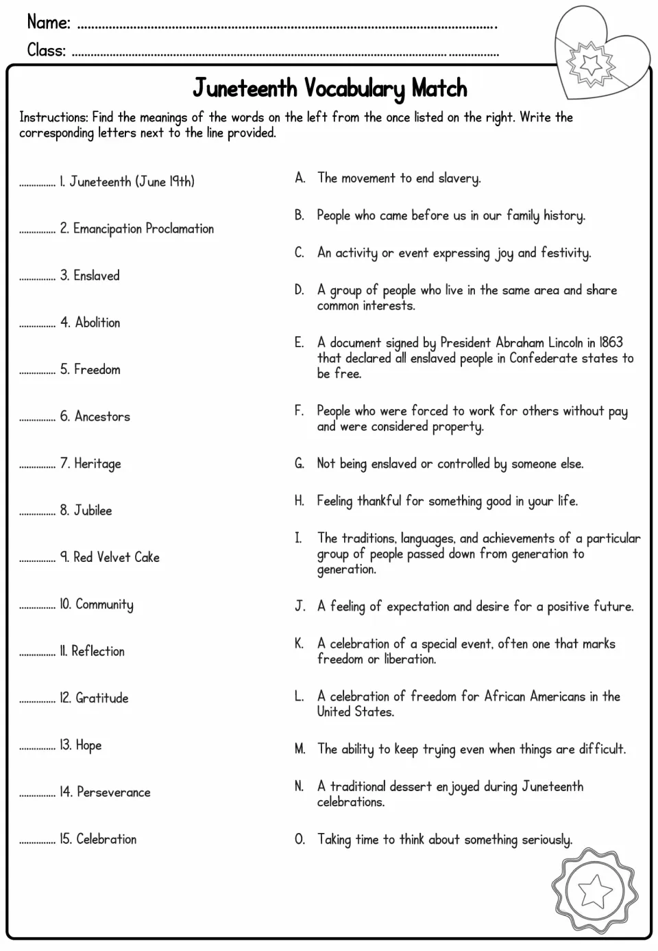 Juneteenth vocabulary match: students write the letter of the correct definition next to 15 words such as Abolition