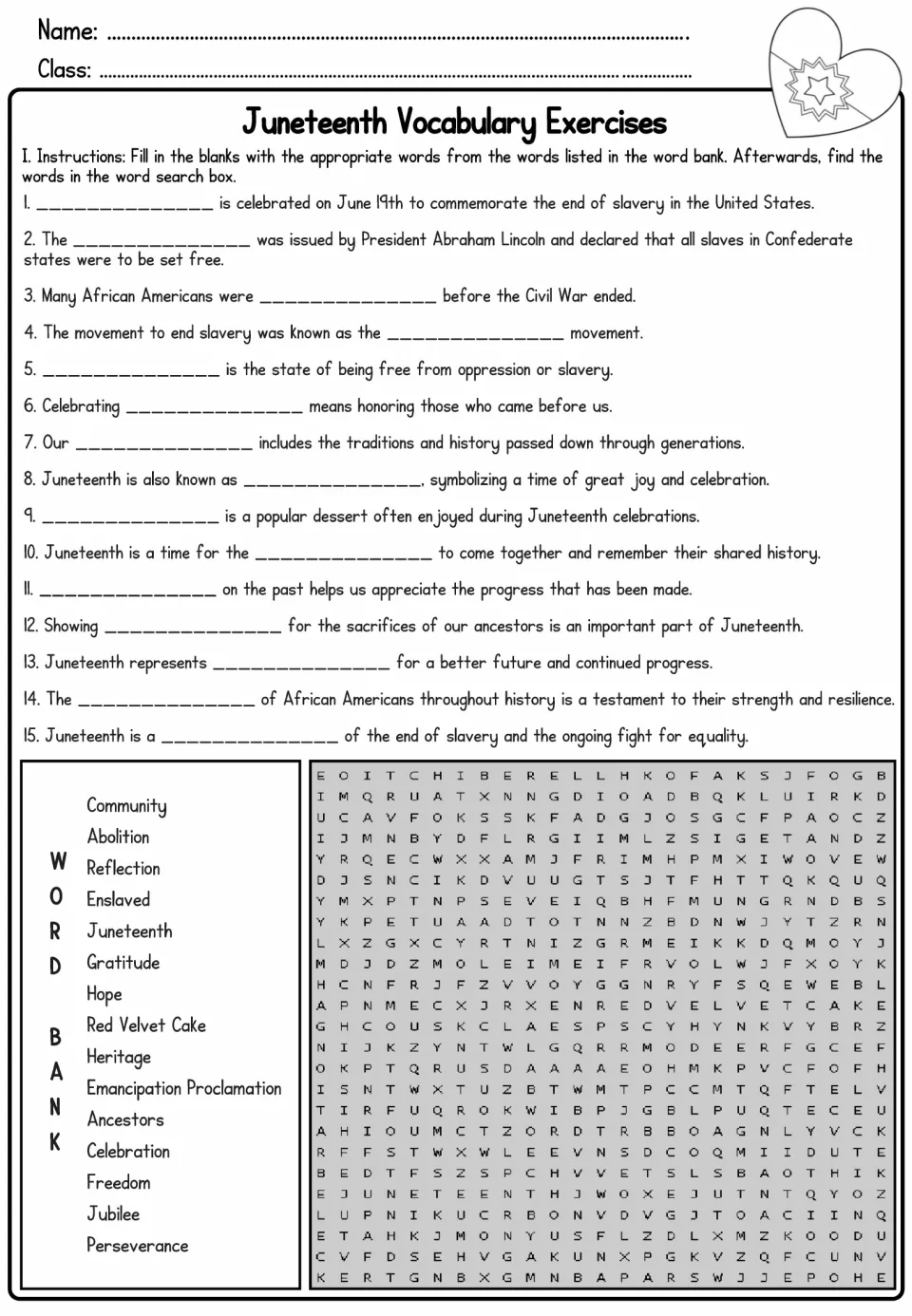 Juneteenth vocabulary exercises: students fill 15 blanks from a word bank, then find the words in a word search