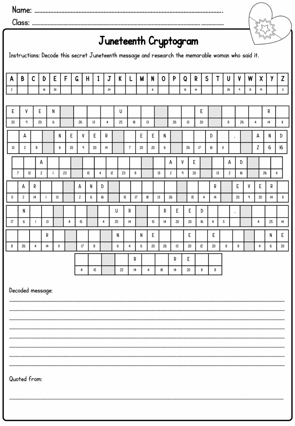 Juneteenth cryptogram: students decode a number-letter cipher to reveal a quote, then research the woman who said it