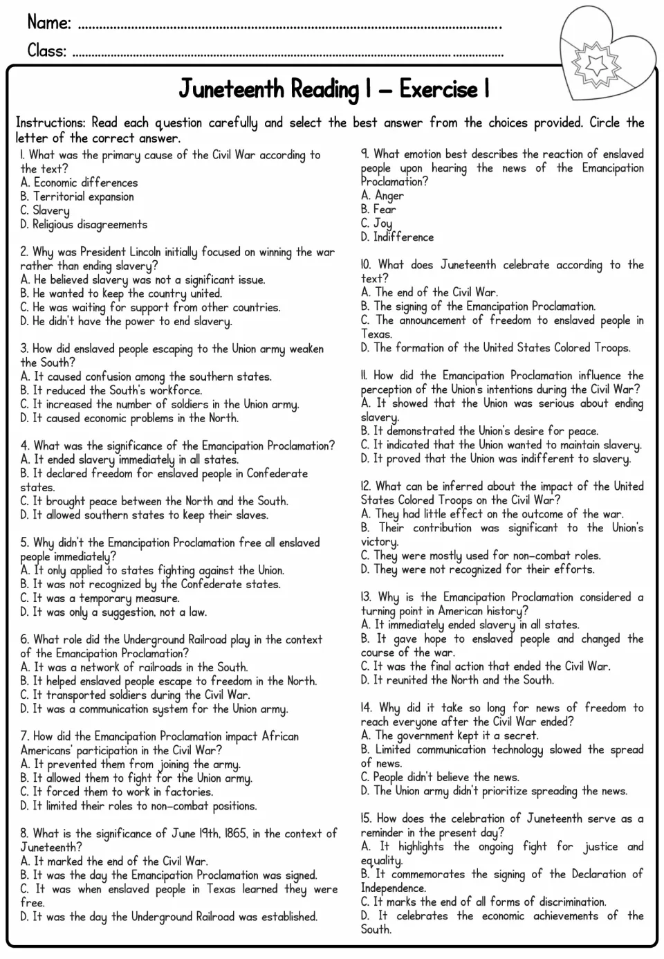 Freedom's Promise comprehension: students circle answers to 15 multiple-choice questions about the Proclamation