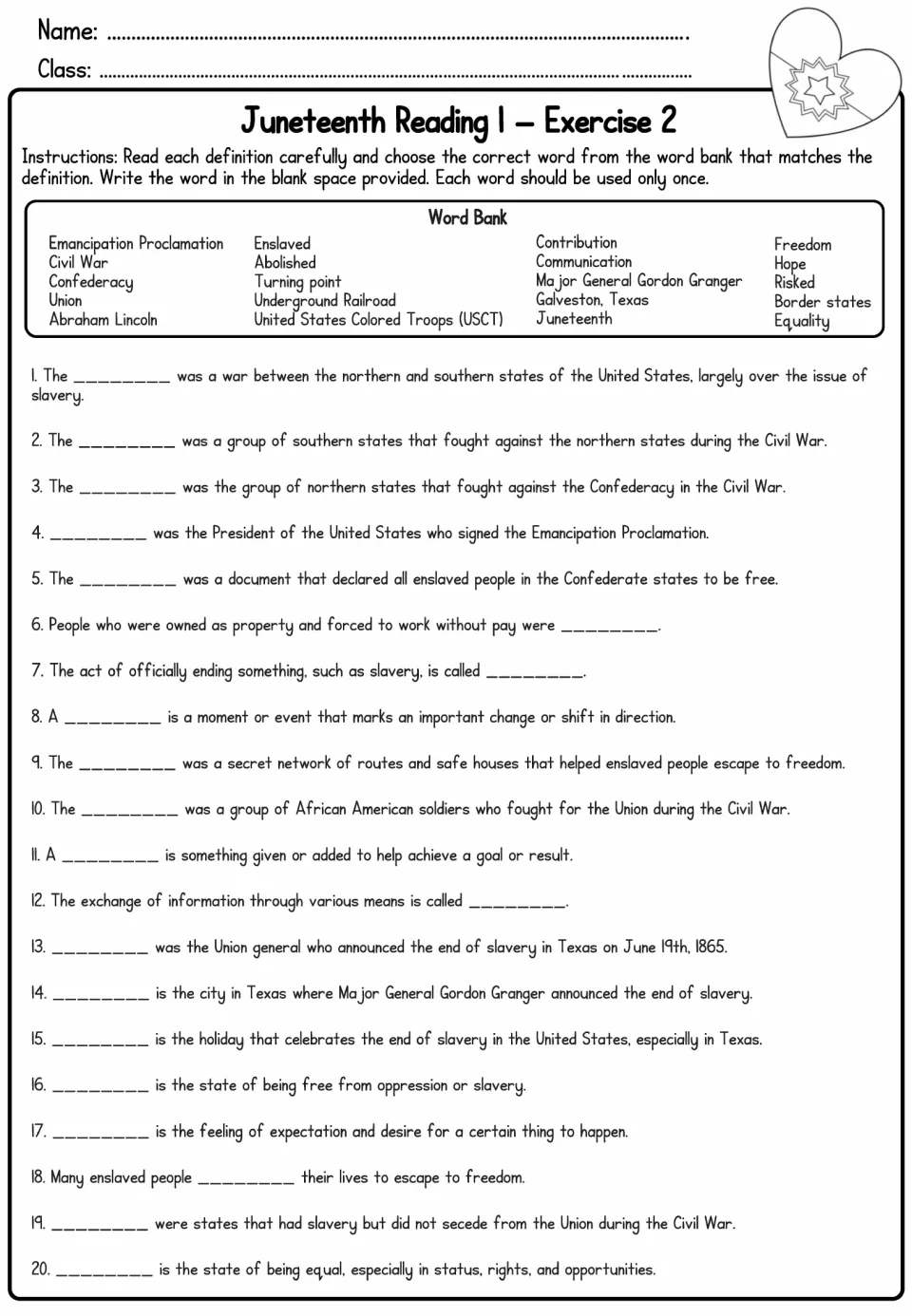 Freedom's Promise vocabulary: students match 20 definitions to word bank terms such as Confederacy and USCT