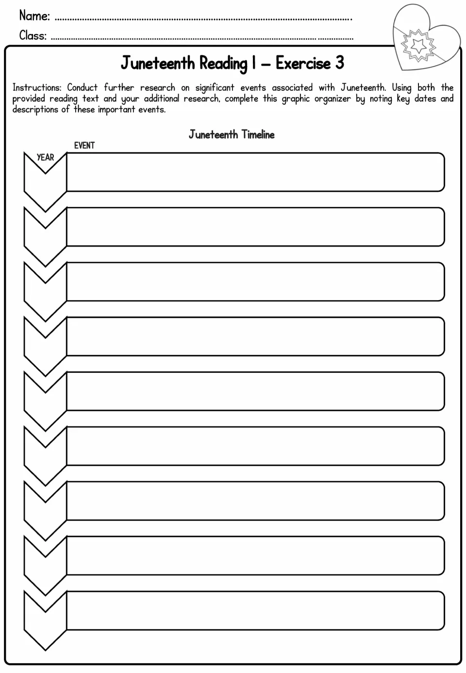 Juneteenth timeline organizer: students use the reading and research to record years and events in nine rows