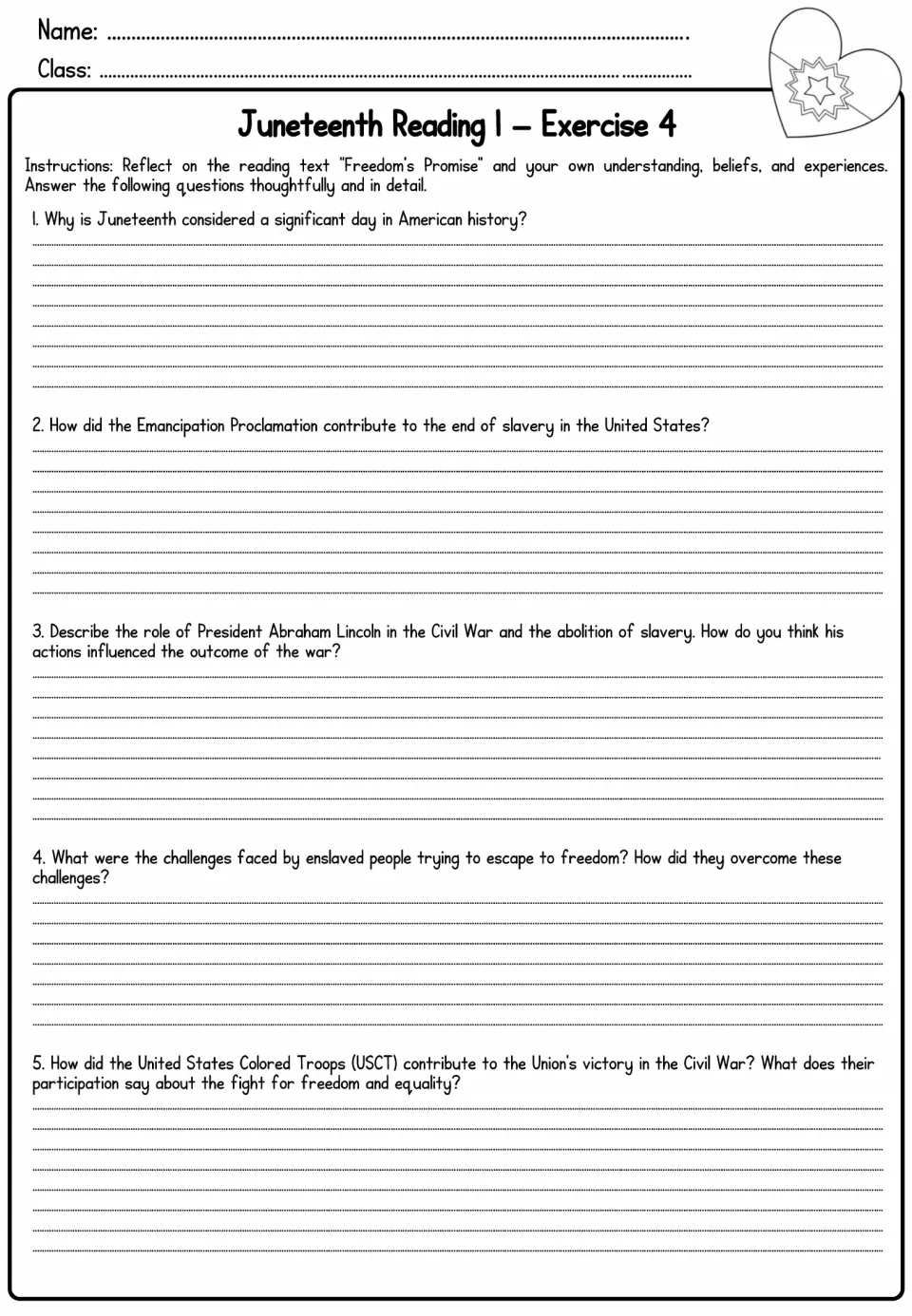 Written reflection, questions 1 to 5: students explain why Juneteenth matters, Lincoln's role and the USCT