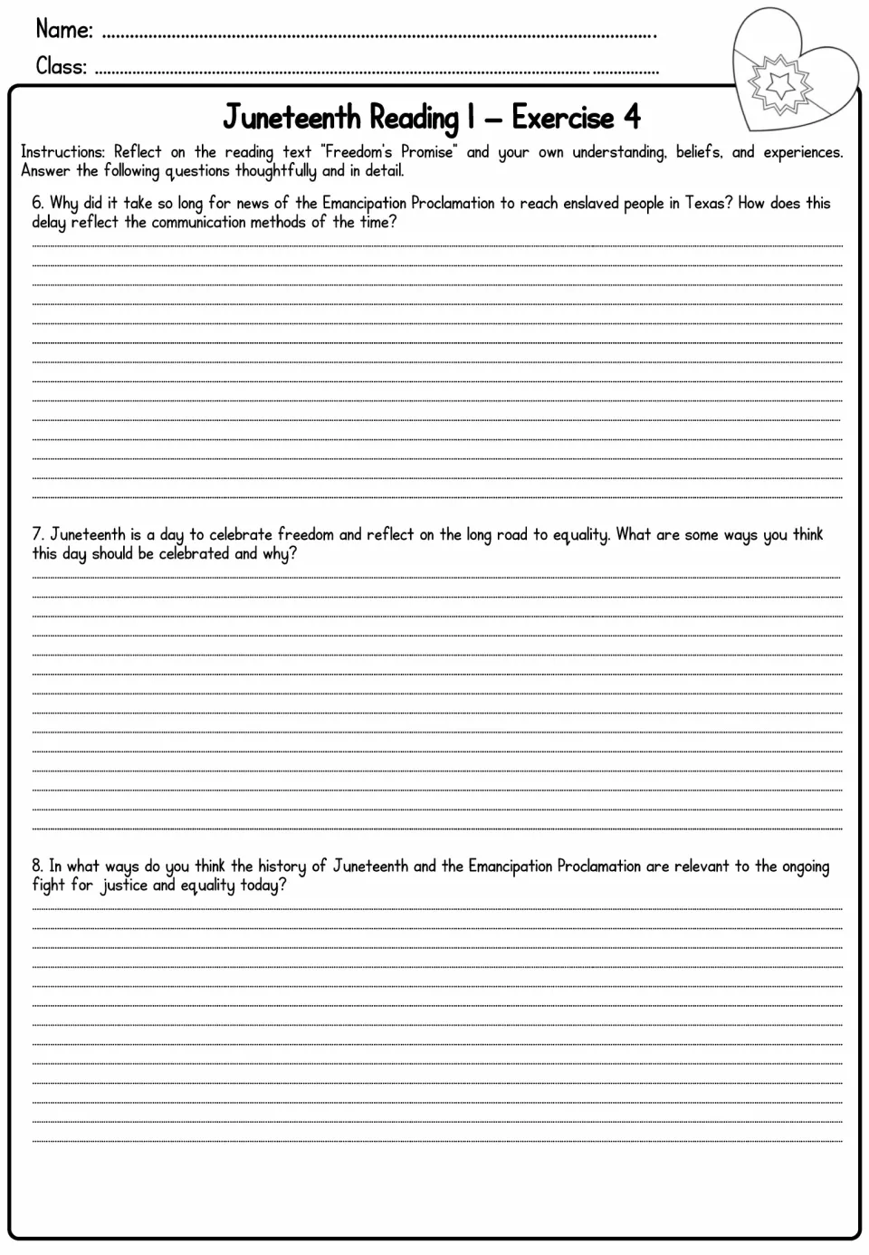 Written reflection, questions 6 to 8: students discuss slow news to Texas, ways to celebrate and justice today