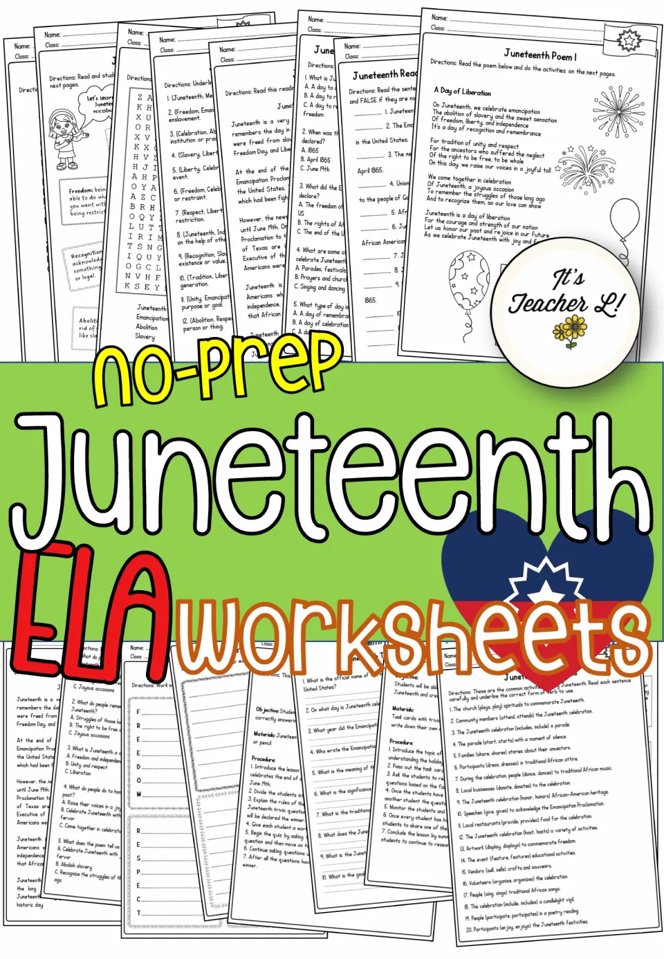 Cover of no-prep Juneteenth ELA worksheets showing a collage of the poem, word search, reading and vocabulary pages