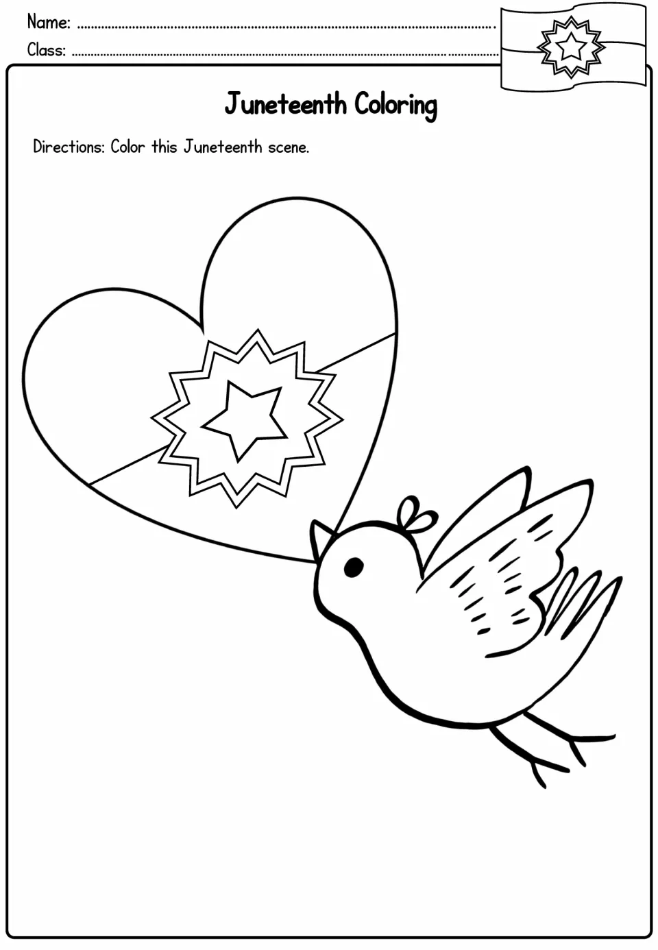 Juneteenth coloring page: students color a dove carrying a heart marked with the star burst from the Juneteenth flag
