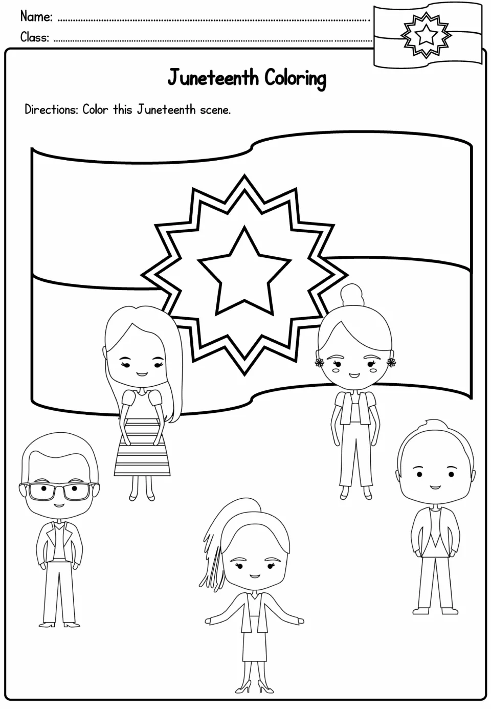 Juneteenth coloring page: five cartoon people stand in front of the Juneteenth flag, ready for students to color in