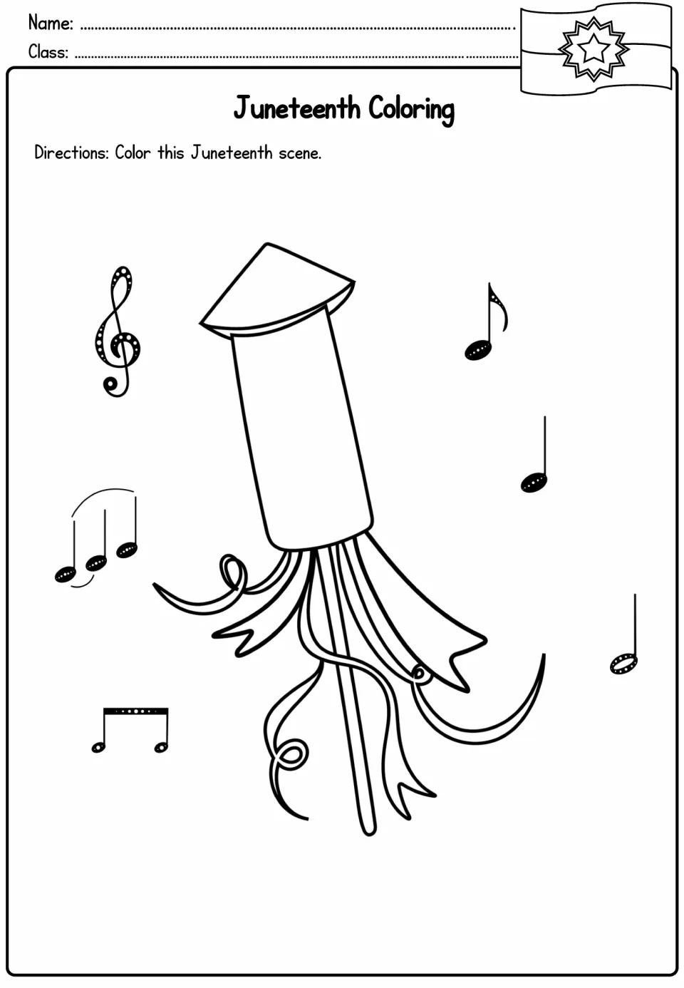 Juneteenth coloring scene of a firework rocket with streamers surrounded by music notes for students to color
