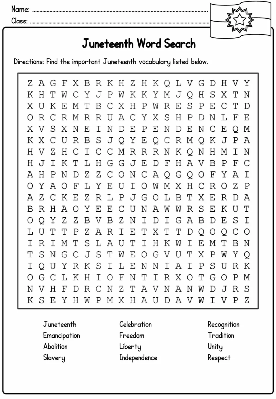 Juneteenth word search: students find 12 vocabulary words, including emancipation, unity and tradition, in the puzzle