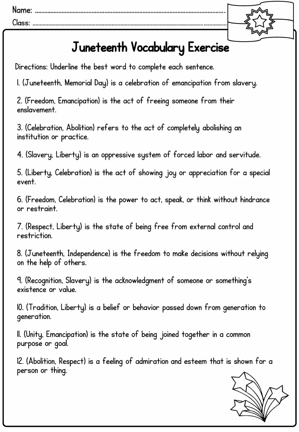 Vocabulary in context: students underline the correct word in 12 sentences defining terms like abolition and liberty