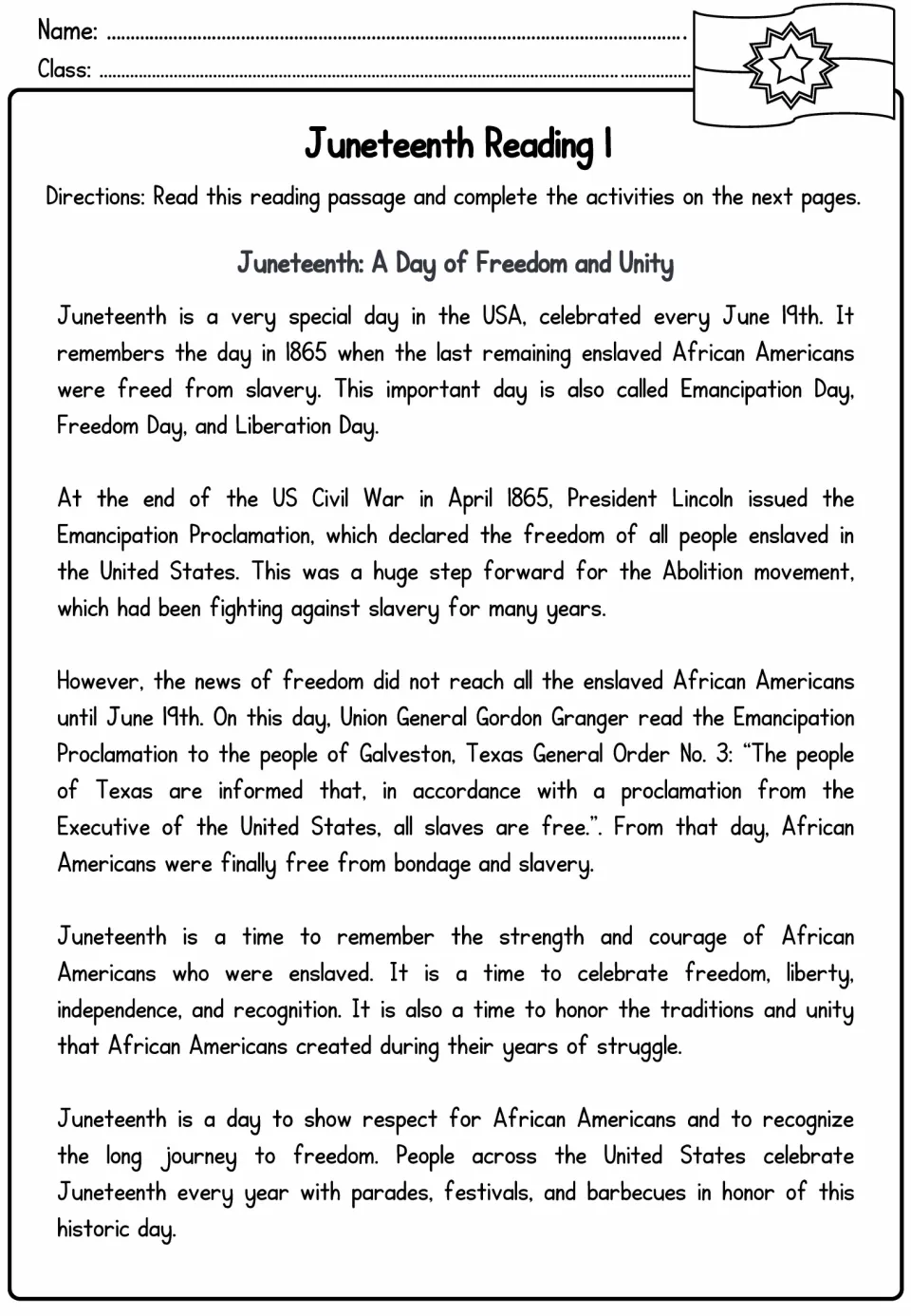 Juneteenth reading passage "A Day of Freedom and Unity" about 1865, General Gordon Granger and Galveston, Texas