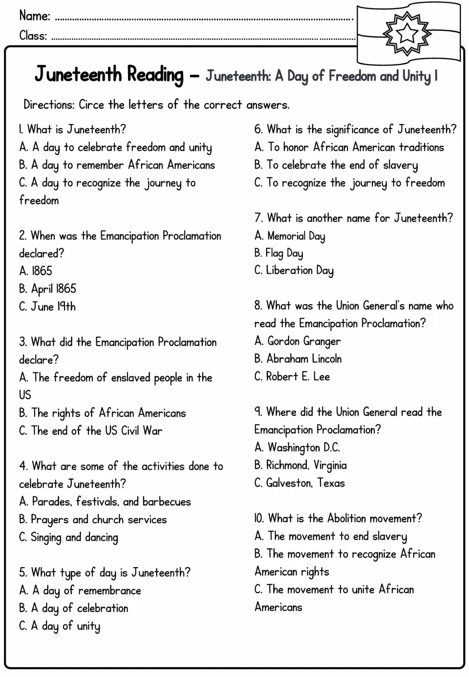 Reading comprehension: 10 multiple-choice questions on the Juneteenth passage about Granger, Galveston and abolition