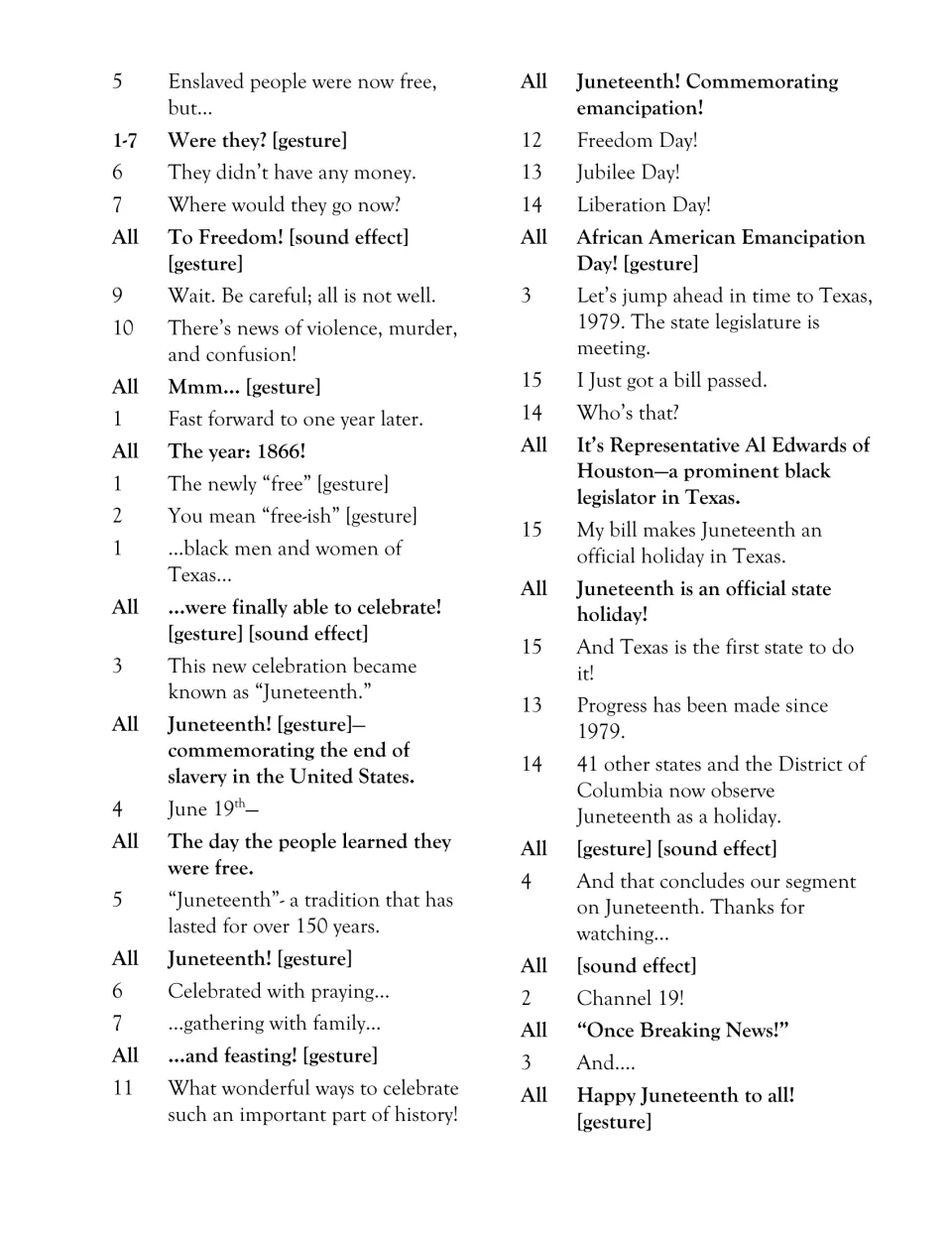 Script ending: 1866 celebrations, Al Edwards and the 1979 Texas holiday bill, and a closing chorus of Happy Juneteenth to all