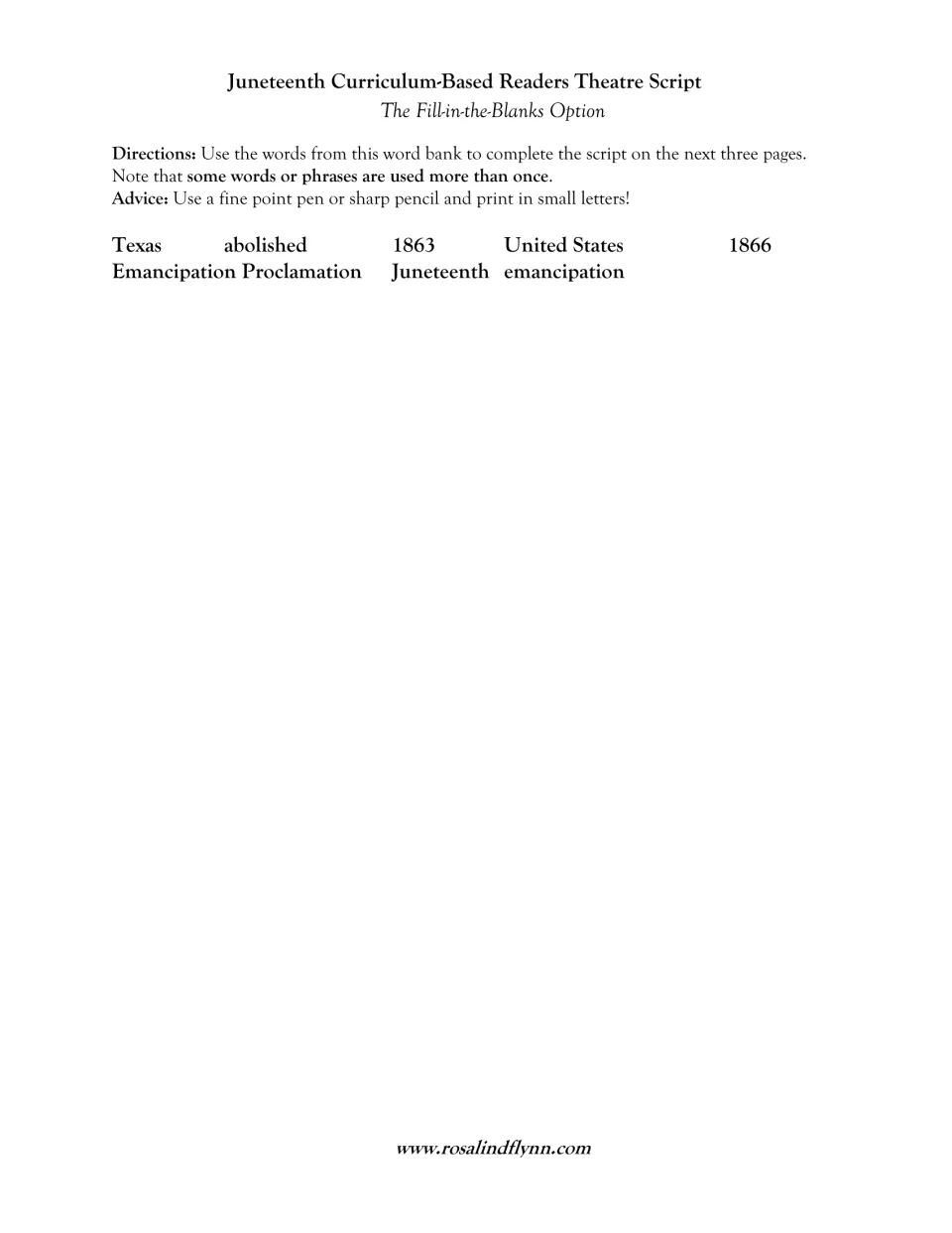 Fill-in-the-blanks directions and word bank: Texas, abolished, 1863, 1866, United States, Emancipation Proclamation and more