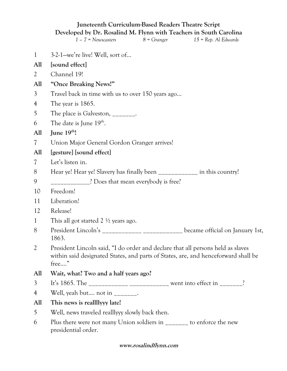 Fill-in-the-blanks script, part 1: students write Texas, abolished and Emancipation Proclamation into the 1865 news lines