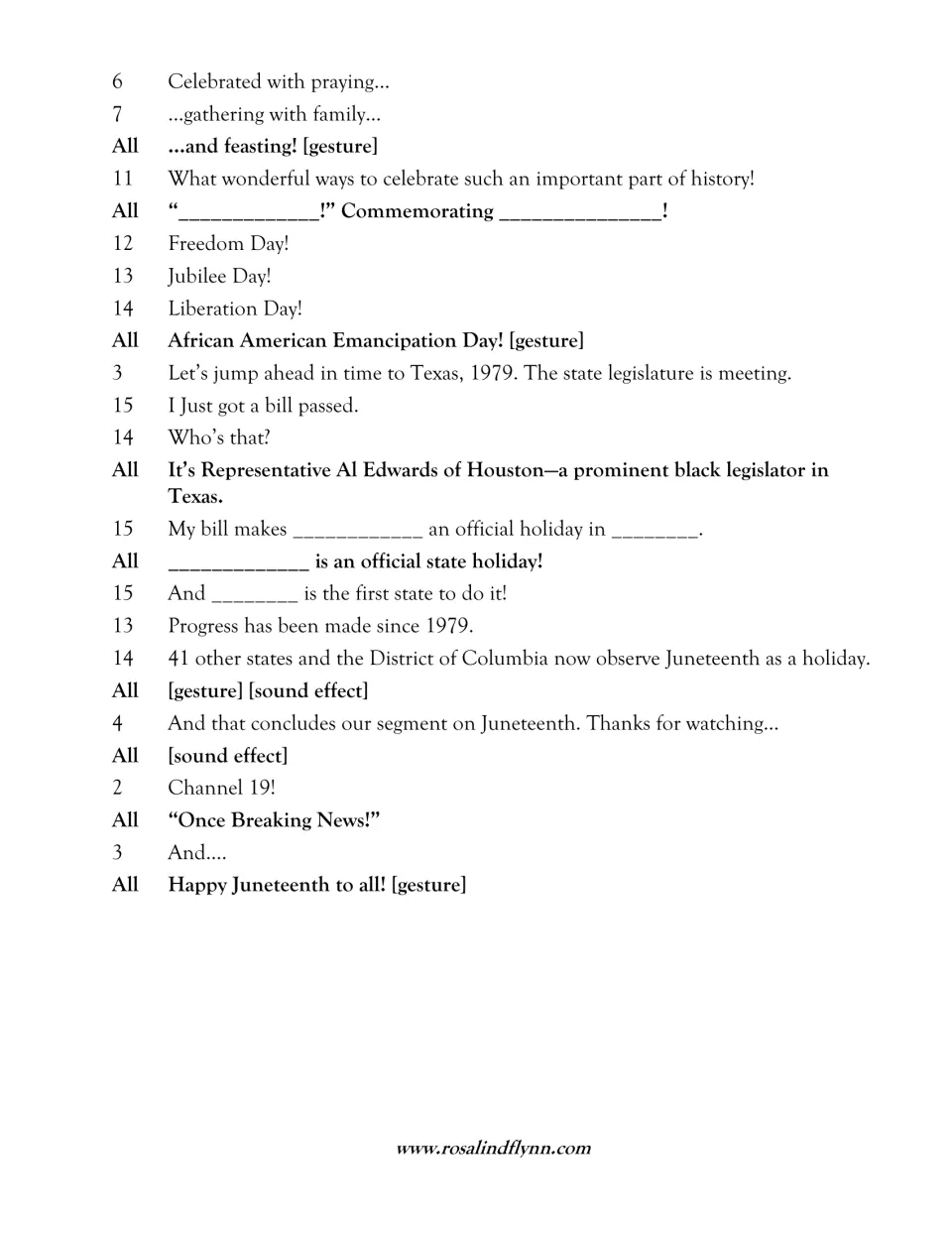 Fill-in-the-blanks script, part 3: celebration names and the 1979 Texas holiday bill, with blanks for Juneteenth and Texas