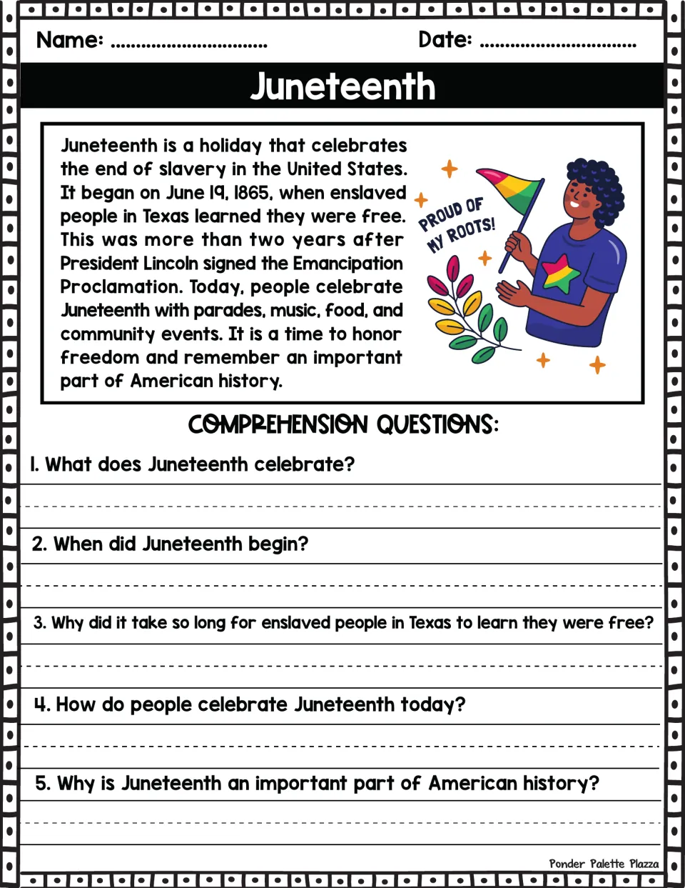 Juneteenth passage on the end of slavery and June 19, 1865: students read it and write answers to 5 comprehension questions