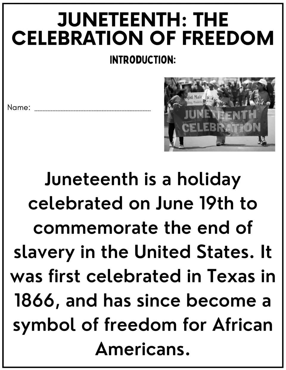 Juneteenth introduction: students read about the June 19th holiday and its first 1866 Texas celebration, with a parade photo