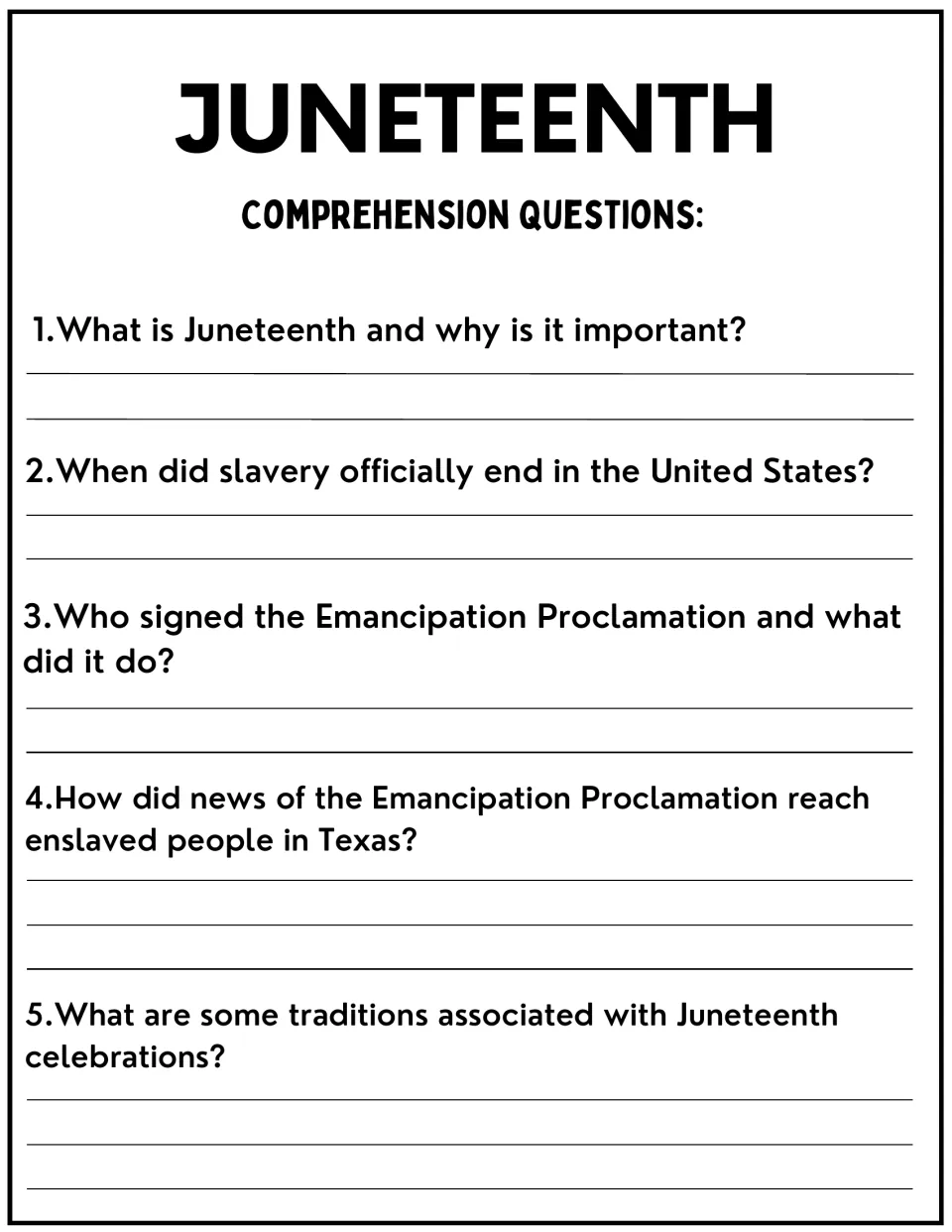 Juneteenth comprehension: students answer five written questions on the Emancipation Proclamation, Texas and traditions